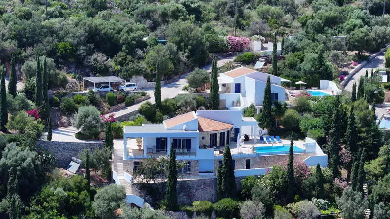 Aerial view of the estate arranged on garden terraces above the sea